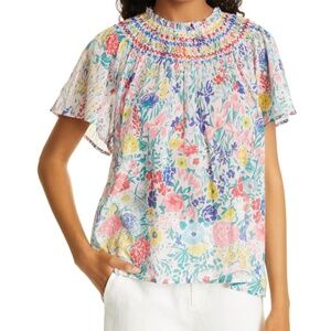 Banjanan Anthropologie floral Sofia top flutter sleeve smocked yoke button back